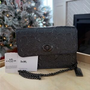 NWT Coach Bowery Mini Metallic Charcoal/Silver Crossbody Bag